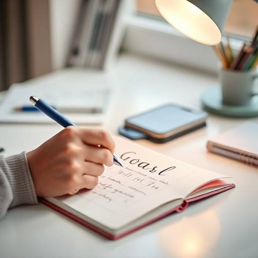 A person writing down financial goals in a notebook on a desk.
